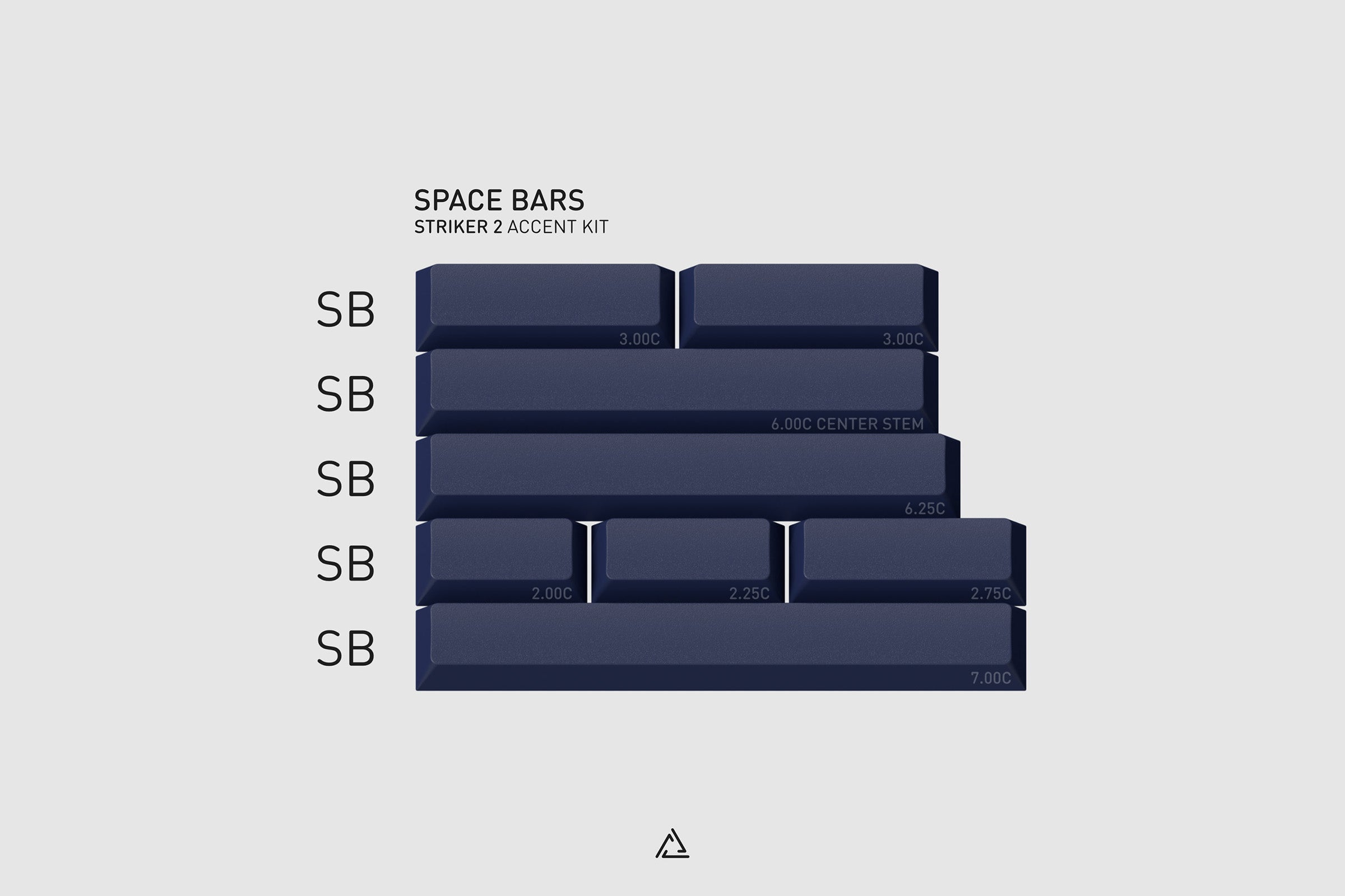 GMK Striker 2 Space Bars: The Space Bars kit includes accent space keys from 2.00C to 7.00C for both standard, and split keyboards.
