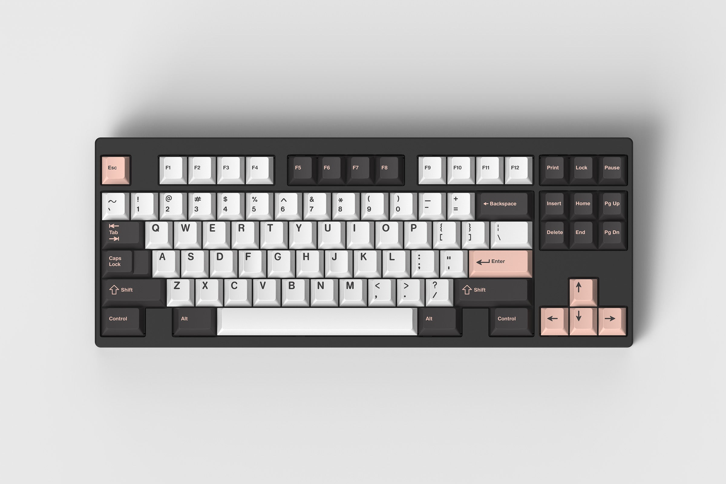 GMK Olivia++ Light Core on a WKL TKL, showing the exact warm ivory alphas, charcoal modifiers and soft rose accent keys